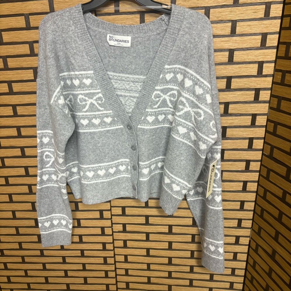 No Boundaries Gray Bow Print Button Front Cardigan‎ Size Medium